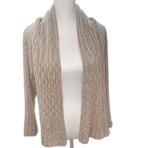 Saga Mode de Paris Oatmeal Drape Shawl Open Front Cardigan Knit Ribbed Sweater S